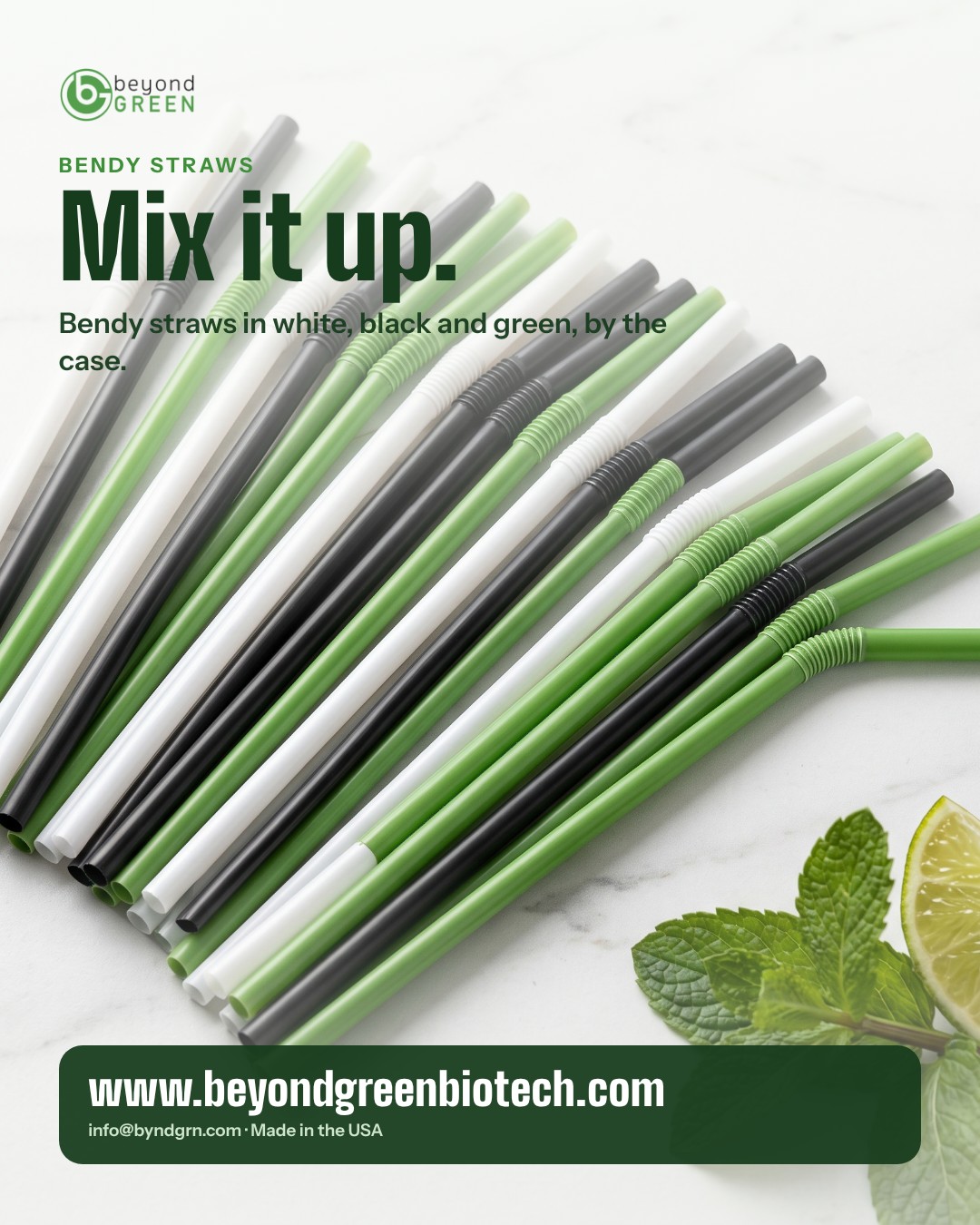 White, black and green straws